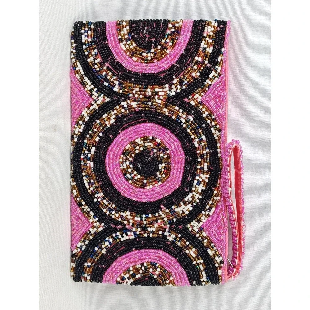 Vintage Pink Black Concentric Circle Seed Beaded Wristlet Clutch Evening Bag